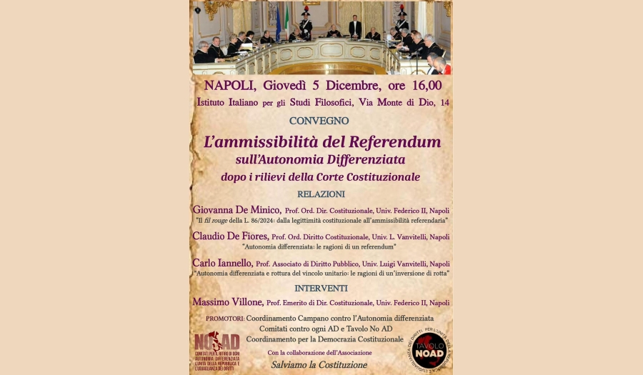 Convegno - L&#039;ammissibilità del Referendum sull&#039;Autonomia Differenziata dopo i rilievi della Corte Costituzionale